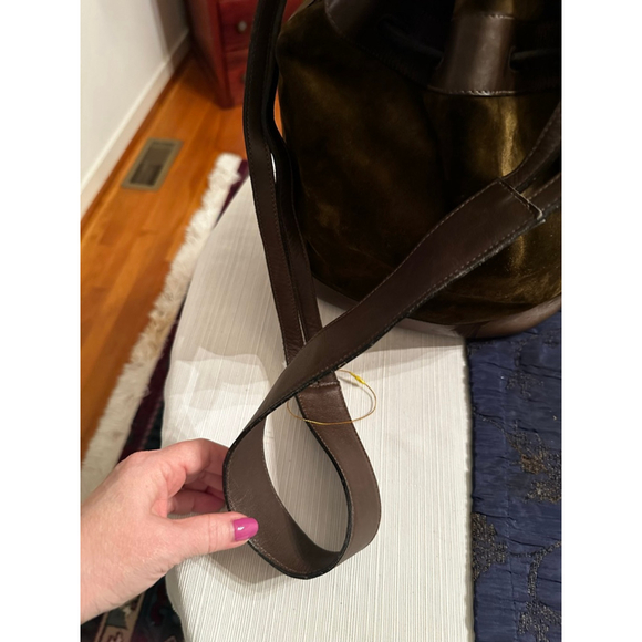 Celine Green-Brown Suede & Brown Leather Triomphe Bucket Shoulder Bag - Picture 15 of 16
